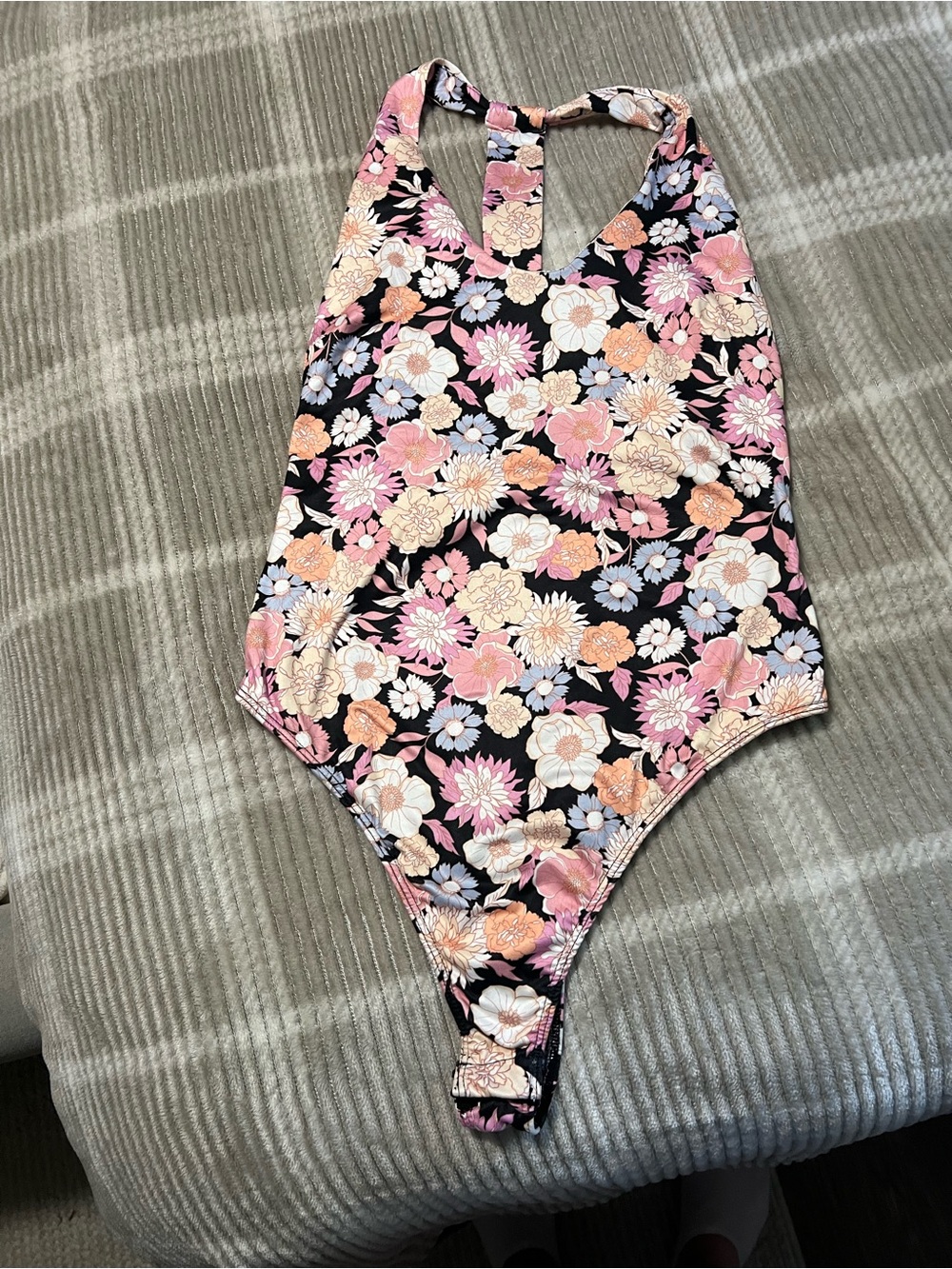 Lulu's Black Floral Halter bodysuit with Pink and Peach Blooms